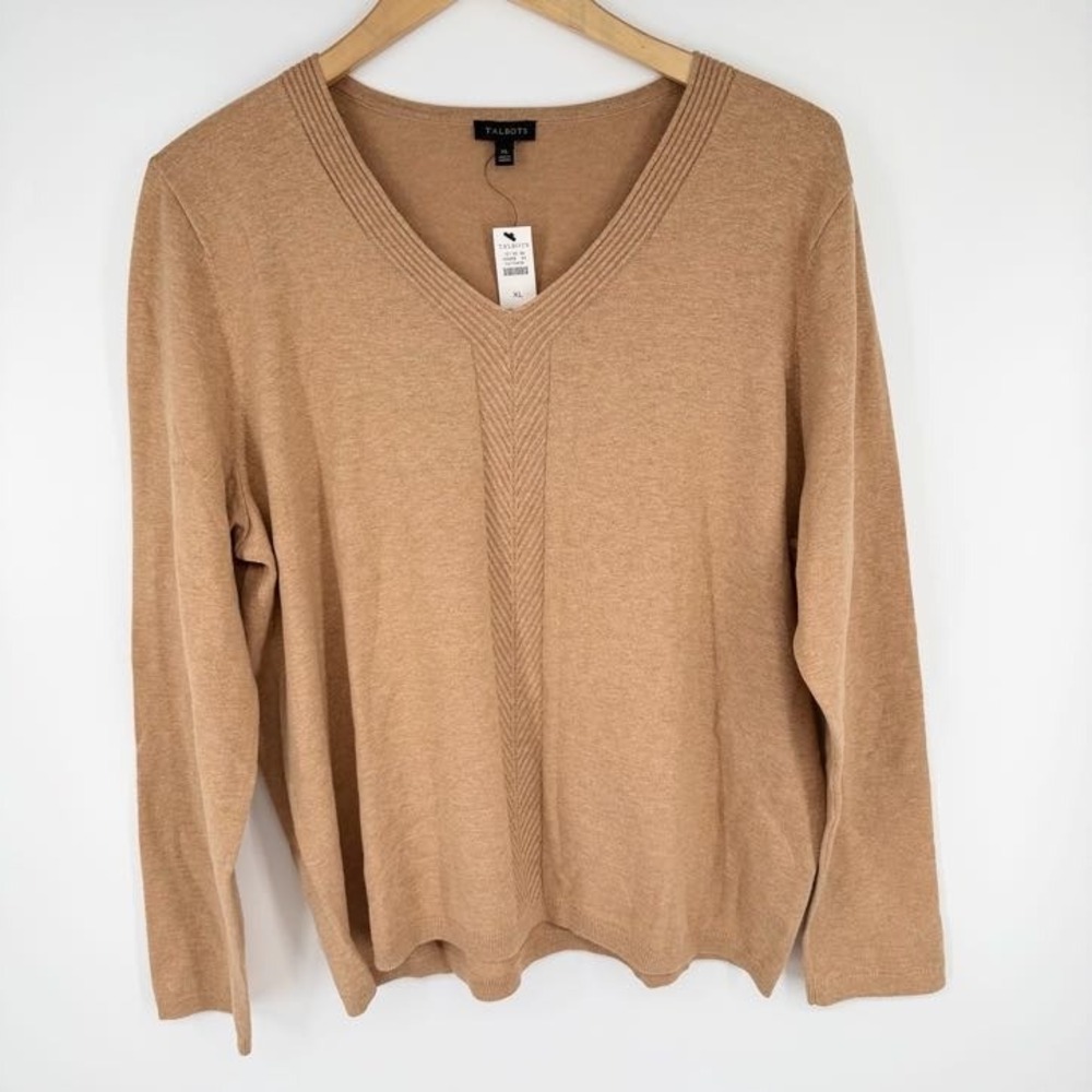 NEW Talbots V-Neck Sweater XL Camel Tan Cotton Modal Ribbed Trim Neutral Preppy